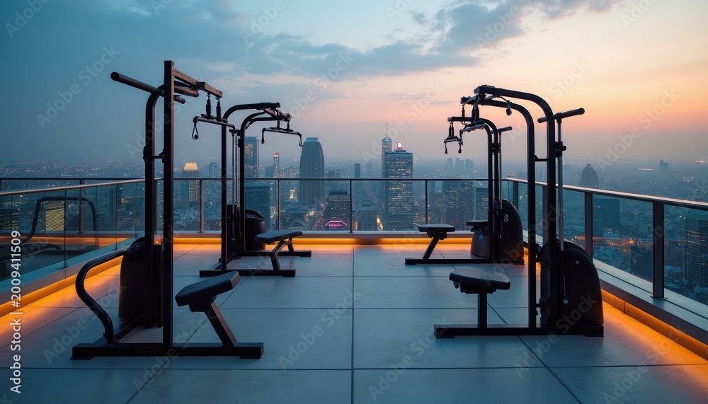 Fototapeta premium Open-air gym on rooftop at sunset. Workout equipment overlooks cityscape. People engage in outdoor fitness for healthy urban living, embracing active lifestyle.