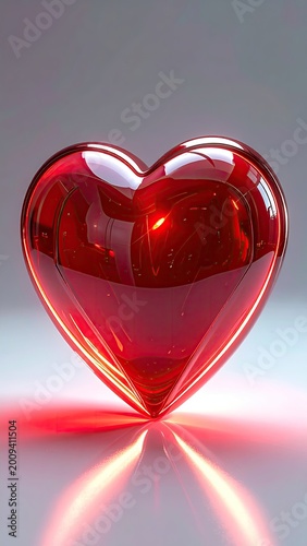 Glistening ruby-red translucent heart, glowing with internal light