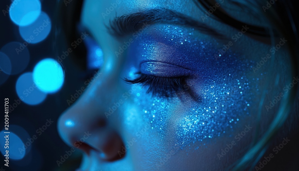 Fototapeta premium Woman with bright blue glitter makeup on closed eyes. Bokeh lights create a dreamy atmosphere. Face detail with sparkling cosmetics and soft focus effect.