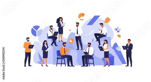 Modern Flat Vector Illustration of Diverse Business Team Collaborating in Office Workspace, Professional Networking and Digital Technology Concept