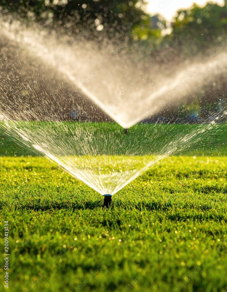 Naklejka premium Lawn sprinkler watering green grass, irrigation spray in sunny garden, water conservation and landscaping maintenance