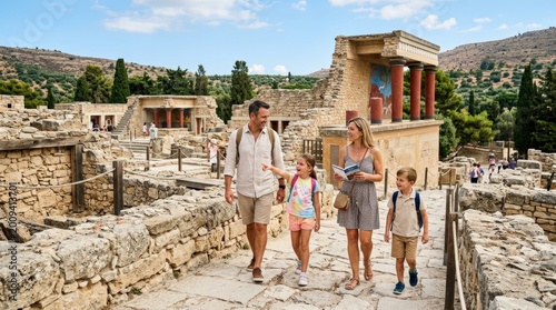 Tourists family in Knossos Palace, Crete, cultural tourism and destination discovery concept for travel, family lifestyle or heritage campaigns with scenic storytelling and authentic atmosphere,