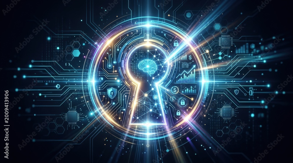 Fototapeta premium Digital keyhole as a conceptual gateway to secure access, AI driven business opportunities and advanced technology solutions, abstract cybersecurity visual with luminous opening and subtle circuitry,