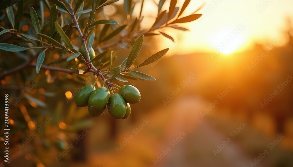 Fototapeta premium Green olives hang on tree branch. Sunlight sets over rural landscape. Evening harvest season begins. Healthy Mediterranean food grows. Organic nature scene.