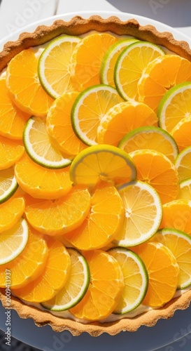 Delicious Citrus Tart Topped with Fresh Orange and Lime Slices.