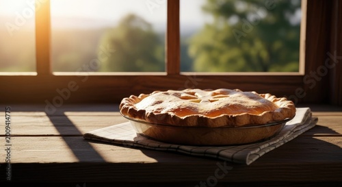 Delicious Homemade Apple Pie Cooling on a Rustic Wooden Table by the Window.