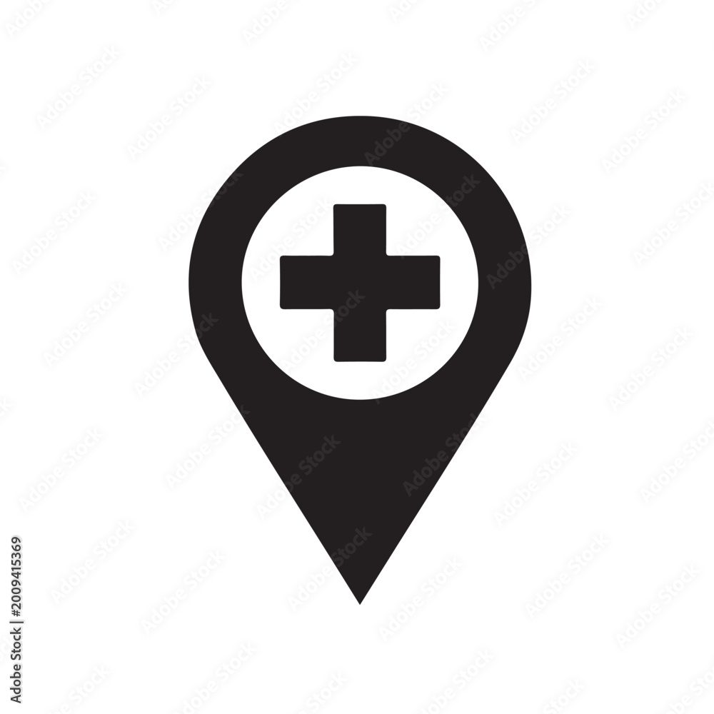 Obraz premium hospital vector icon; black map pointer with hospital symbol