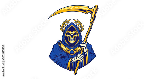 Foto Grim Reaper with Golden Scythe and Laurel Wreath, Symbol of Death and Eternity