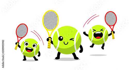 Happy Cartoon Tennis Balls Playing Tennis with Rackets
