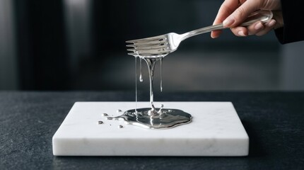 Fork dripping liquid silver onto white rectangular block, abstract luxury concept, metallic fluid motion and minimalist composition, realistic detail, no logos