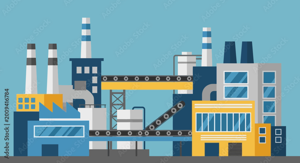 Obraz premium Expansive industrial factory complex showcasing diverse manufacturing buildings, smokestacks, and interconnected conveyor systems, embodying efficient production, innovation, and streamlined logistics