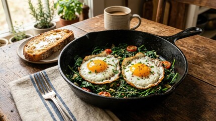 Two sunny side up eggs with spinach in a black cast iron skillet, wholesome breakfast dish with rustic styling and fresh ingredients, warm natural light, realistic food photography, no logos