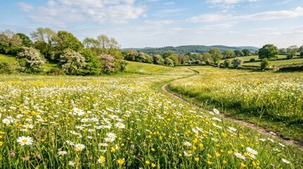 Sunny meadow of white and yellow wildflowers with green grass, peaceful spring landscape with fresh blossoms and bright natural light, realistic detail, no logos