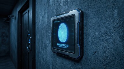 Glowing blue fingerprint framed on textured blue-gray wall, biometric security and digital identity concept with modern luminous design, realistic detail, no logos