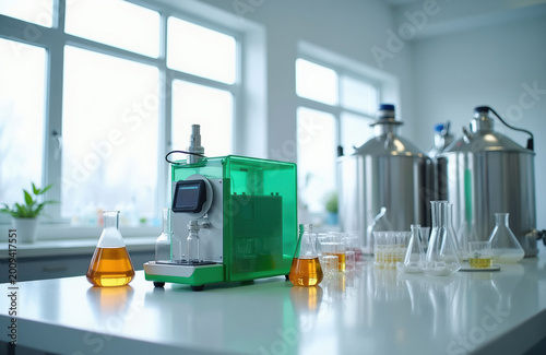 Lab equipment with rotational evaporator and flasks of yellow liquid. Large steel tanks and glassware on table. Scientific research and development in clean bright facility.