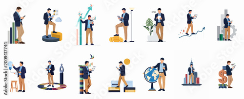 Bild auf Leinwand Flat vector illustrations of a businessman managing investments, global trade, and data analytics on digital devices