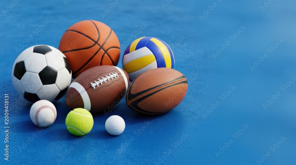 Naklejka premium Collection of sports balls on blue background, active lifestyle and competition concept with clean copy space, realistic detail, no logos