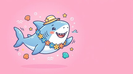 Cute funny shark on pink background, playful summer character, bright minimal composition, clean copy space, cheerful ocean theme, no logos