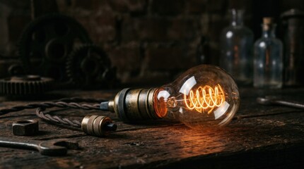 Vintage Edison light bulb with glowing filament on dark surface, warm retro lighting concept with industrial charm and moody still life styling, realistic detail, no logos