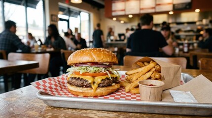 Cheeseburger in fast food restaurant, popular lunch concept with juicy patty and classic casual serving, realistic detail, no logos