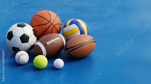 Collection of sports balls on blue background, active lifestyle and competition concept with clean copy space, realistic detail, no logos
