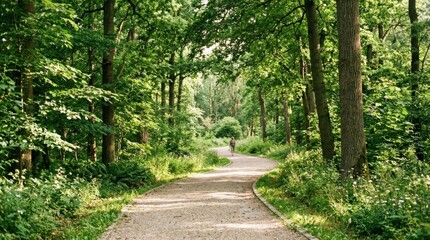 Serene path winding through a lush green park with tall trees and sunlight filtering through, peaceful outdoor landscape with inviting walkway, realistic detail, no logos
