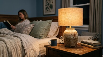 Cozy bedside lamp with a textured ceramic base and glowing shade, warm bedroom lighting for a calm home interior, inviting decor detail, soft ambient light, realistic lifestyle photography, no logos