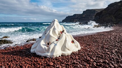Glossy white mountain of ice cream on a red pebbled beach with ocean waves in the distance, elegant surreal dessert scene with dramatic coastal contrast, refined styling, bright daylight, no logos