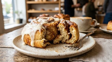 Half eaten cinnamon roll with icing showing fluffy interior, bakery pastry close up, sweet breakfast treat with rich texture, appetizing warm light, no logos