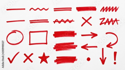 hand drawn red marker underline and strikethrough set, bold horizontal strokes for highlight, edit marks, emphasis or annotation design on white background, clean isolated layout, authentic felt tip