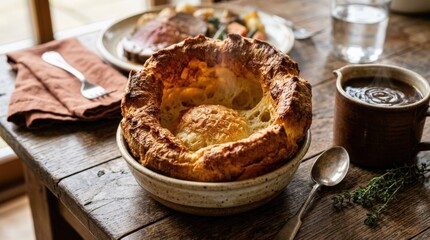 Golden brown Yorkshire pudding with crispy edges freshly baked, classic comfort food close up with airy texture and warm appetizing presentation, realistic detail, no logos