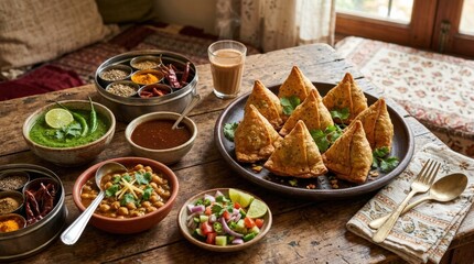 Traditional Indian samosas with assorted side dishes on a rustic table, flavorful snack spread with authentic ingredients and warm tones, realistic food detail, no logos