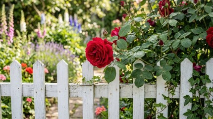Red rose blooming over a white picket fence, romantic garden scene, vivid petals and greenery, elegant floral close-up, no logos