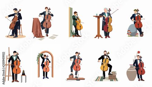 Tableau sur toile Collection of ten vector illustrations of male cellists in formal attire, performing and posing with their instruments in diverse settings on white background