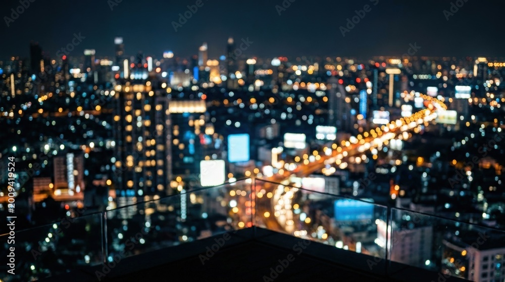 Fototapeta premium City light bokeh background, glowing urban night atmosphere, abstract nightlife mood, modern blurred backdrop for travel, design and lifestyle themes, natural light, photorealistic, high detail, crisp