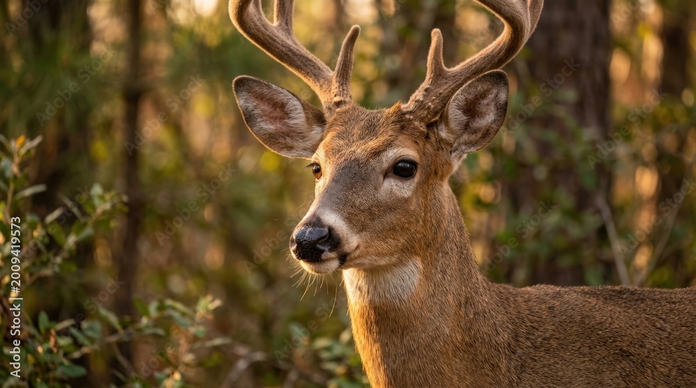 Fototapeta premium Close-up deer at sunset with warm golden light on fur, wildlife portrait for nature, travel and environmental storytelling with serene forest mood and gentle gaze, soft background blur, clean