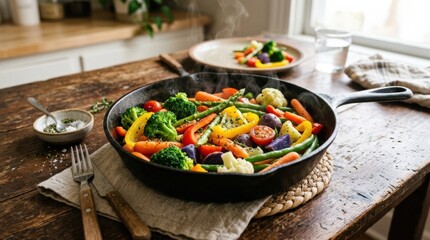 Cast iron skillet filled with colorful steamed vegetables, healthy home cooking concept with vibrant ingredients and rustic table presentation, realistic detail, no logos