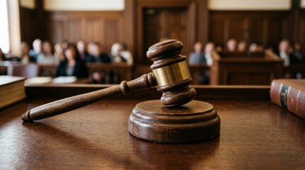 Wooden judge gavel on sound block close-up, courtroom and verdict concept, classic law symbol, realistic wood texture, no logos