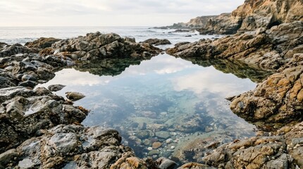 Clear water reflections in rocky shoreline pool, tranquil coastal nature detail, transparent tidal water, stone textures and calm surface, minimalist seascape mood, soft natural light, no logos