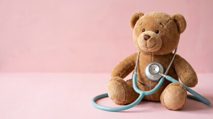 Teddy bear and stethoscope on pink background with copy space suggesting pediatric checkup, child wellness and caring medicine, gentle healthcare concept for clinics, parenting campaigns, medical