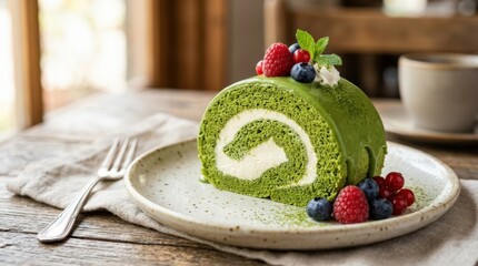 Elegant matcha roll cake with green tea glaze and berries, refined dessert presentation with smooth layers and fresh garnish, bakery style close up, soft lighting, appetizing realism, no logos