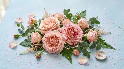 Creamy pink roses with red speckles on pastel blue surface scattered with pink dots, romantic flower art with modern surreal twist and fresh styling, realistic detail, no logos