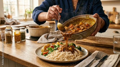 Person pouring curry sauce over rice dish, rich food preparation concept, appetizing serving action, warm kitchen light, realistic detail, no logos