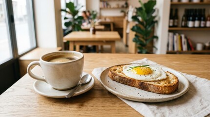 Cup of coffee with toast and egg on plain surface, simple breakfast concept with warm cafe mood and clean minimal table styling, soft natural light, realistic detail, no logos
