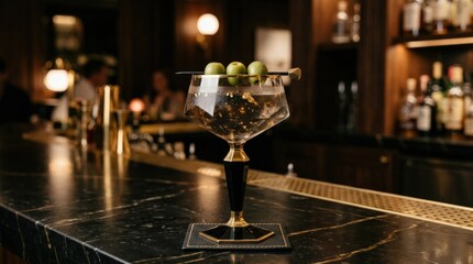 Black and gold cocktail glass with geometric design and olive garnish, luxury bar drink concept, minimal elegant composition, high detail, no logos