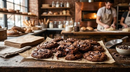Freshly baked chocolate cookies in a bakery, warm artisanal dessert concept, rich texture and inviting presentation, realistic food photography, no logos