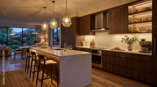 Modern kitchen interior design at evening, premium home background for real estate branding, lifestyle campaigns and product display, elegant cabinetry, warm ambient light and photorealistic materials