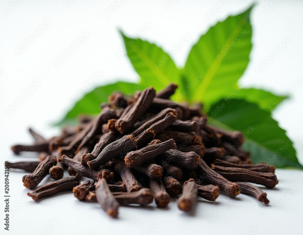 Fototapeta premium Heap of dry brown clove spice buds with green leaves on white background. Organic aromatic seasoning for cooking, food preparation, and health remedies.