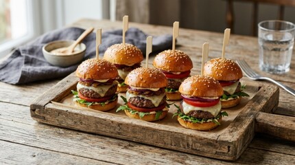 Mini hamburgers on a wooden platter, gourmet sliders with appetizing layers and rustic serving presentation, realistic detail, no logos