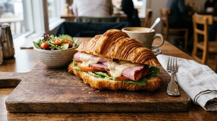 Ham and cheese croissant sandwich on a wooden cutting board, flaky pastry lunch with fresh filling, cafe food presentation, appetizing realistic detail, no logos